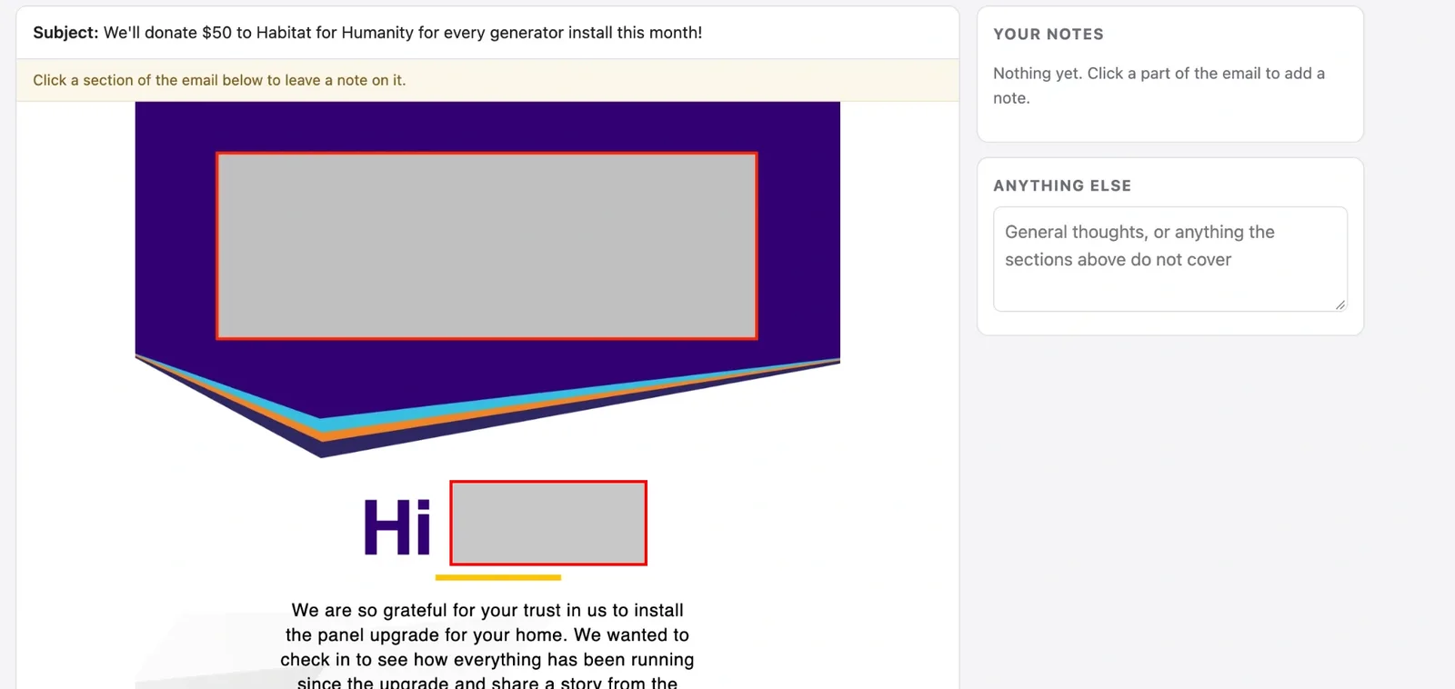 The email as the customer will see it, with a notes panel beside it for leaving comments.
