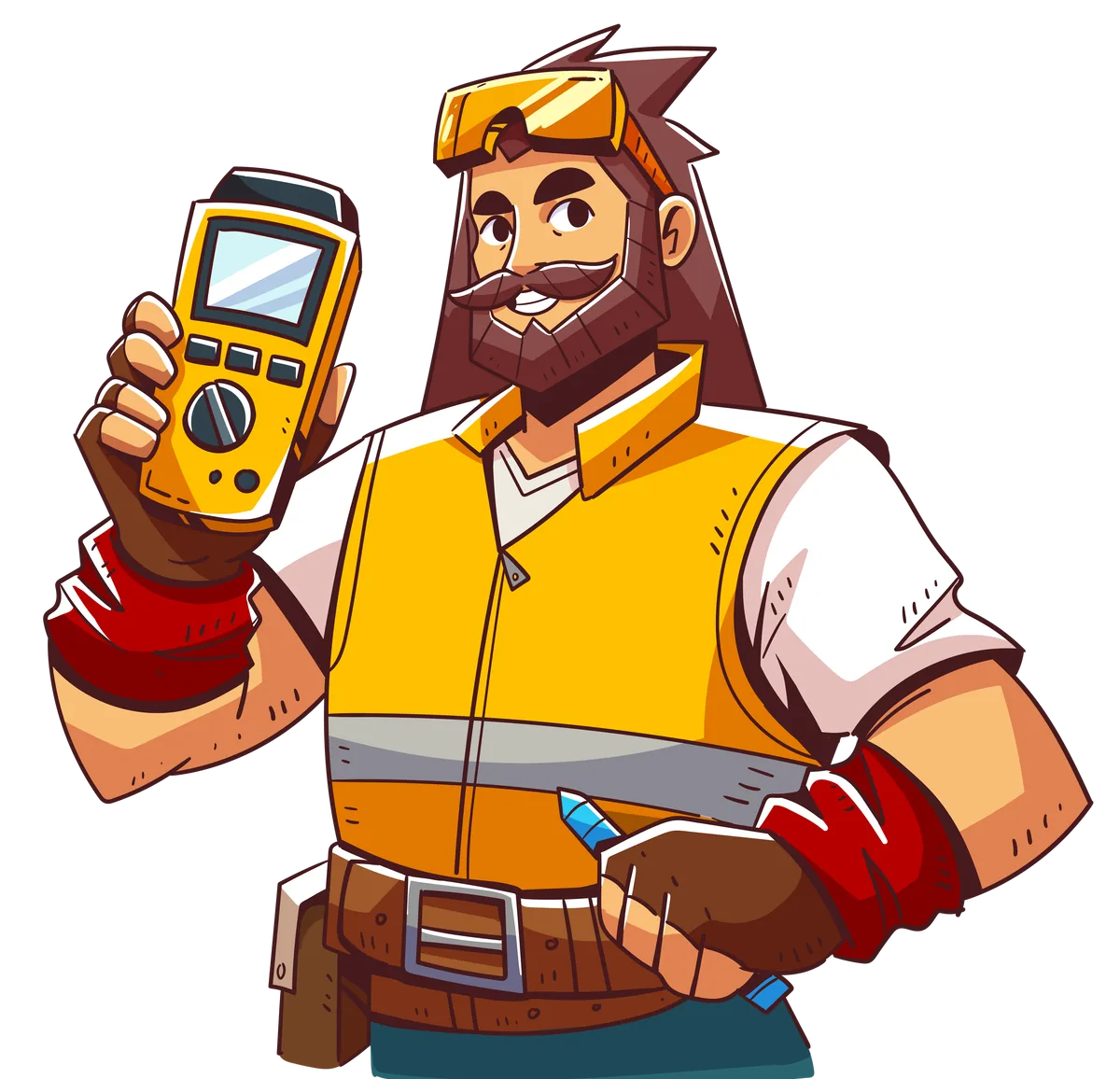 A Marketing Cleric as an electrician, holding a multimeter
