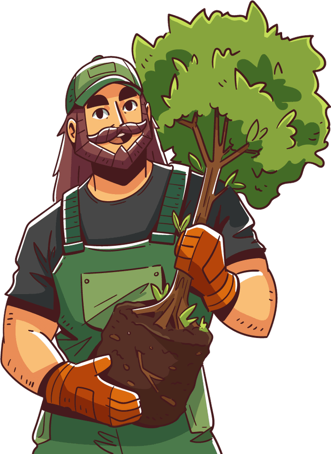 A Marketing Cleric as a landscaper, holding a young tree ready to plant
