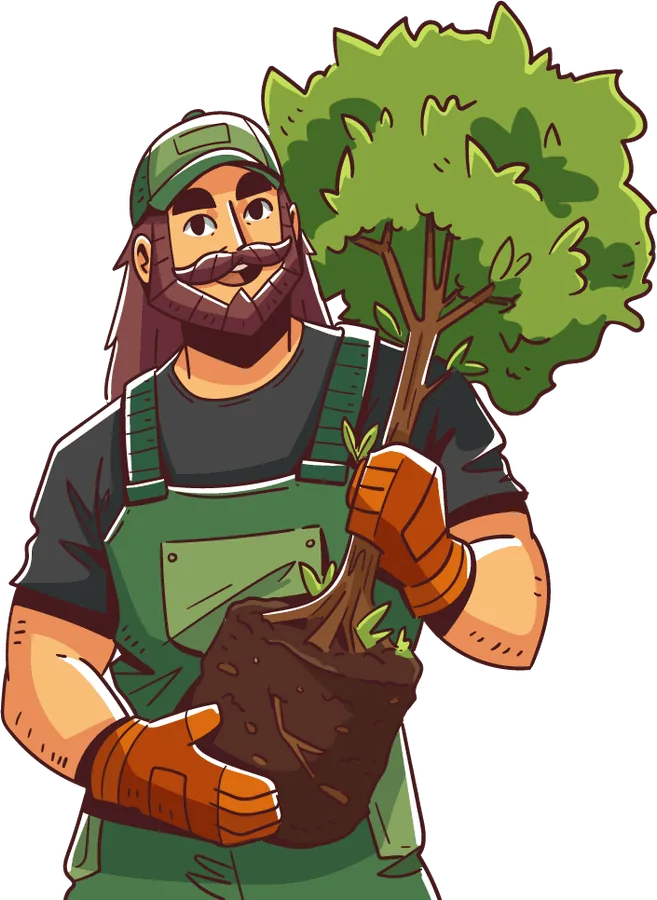 A Marketing Cleric as a landscaper, holding a young tree ready to plant
