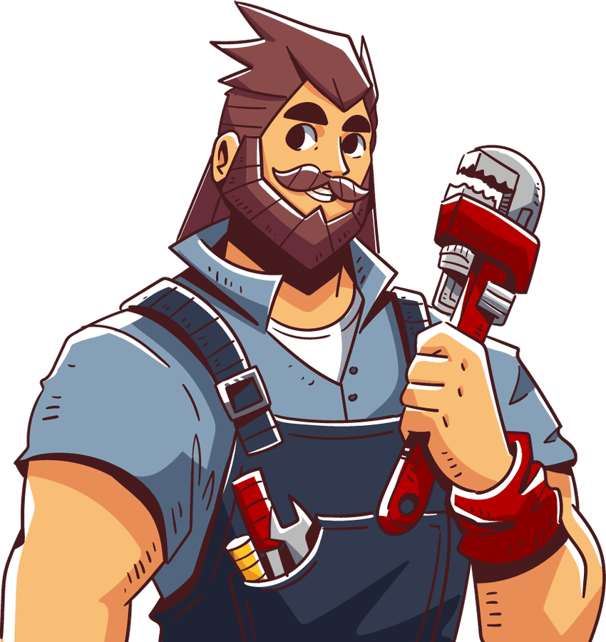 A Marketing Cleric as a plumber, holding a pipe wrench